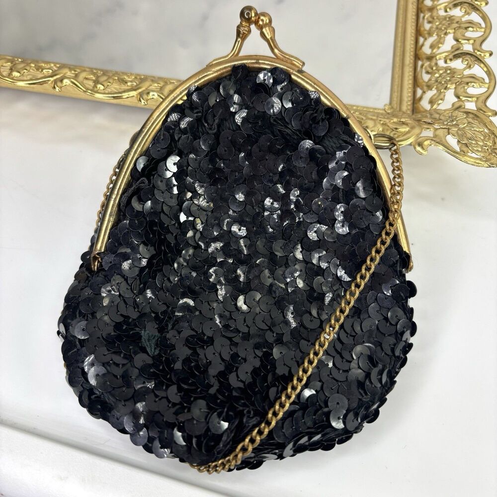 Vtg 1940s 50s Black Sequin Evening Purse Gold Chain Clutch Kiss Lock Art Deco